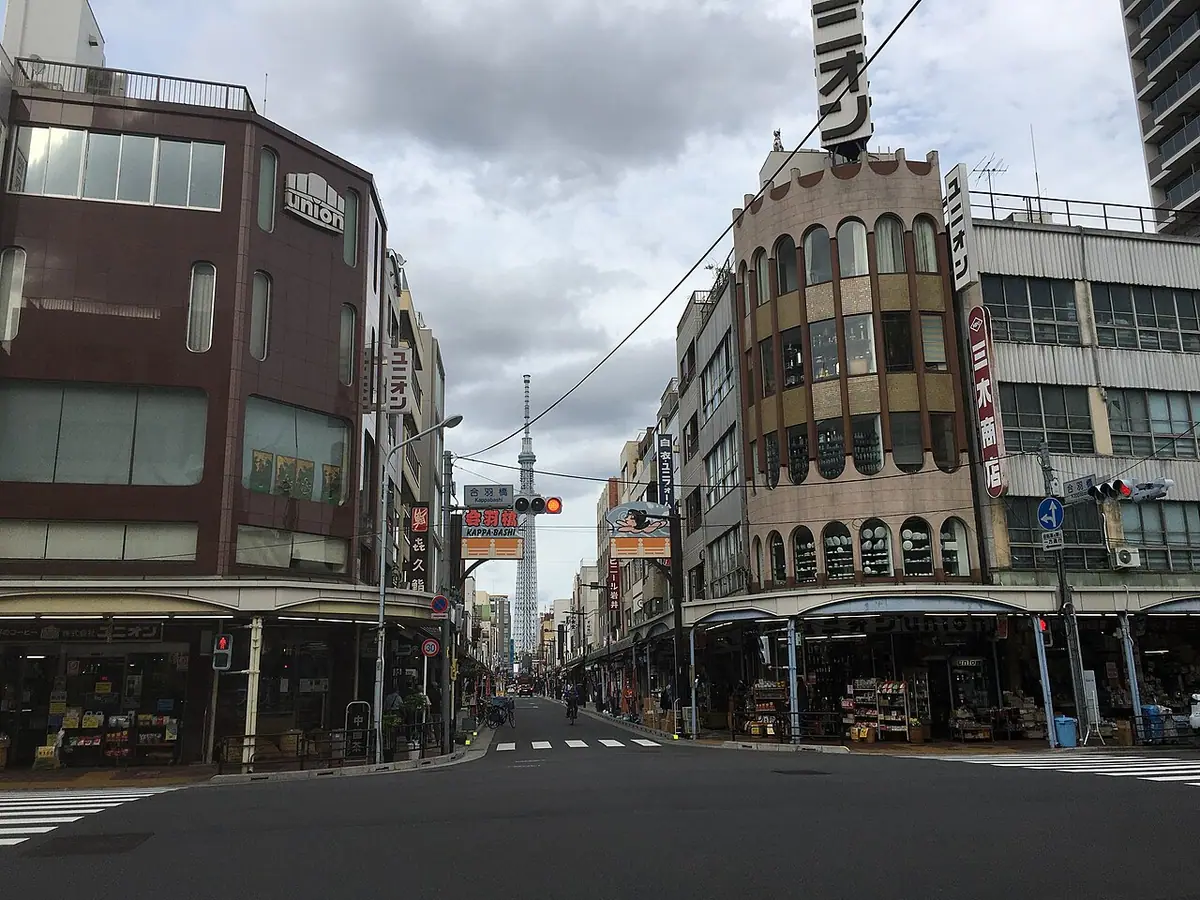 Kitchenware shops at the Kappabashi intersection, with Tokyo Skytree in the distance