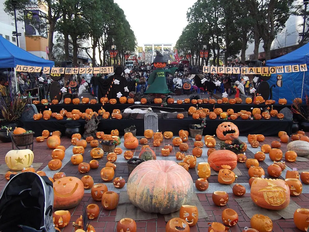 Pumpkins and jack-o'-lanterns of different sizes at a Halloween event in Tama Center
