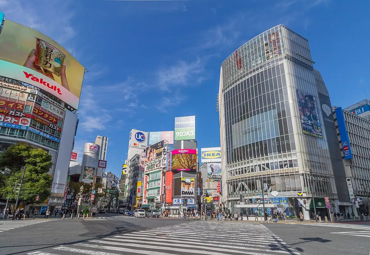 Shibuya Scramble Crossing and surrounding buildings during a gap in traffic