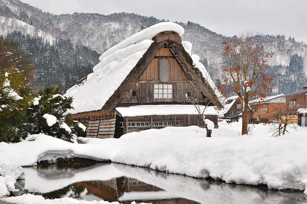 Gassho-zukuri houses in Shirakawago with thick snow on their roofs
